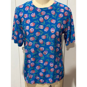 Women's Unbranded Floral tulip Print short sleeve blouse, Sz S Blue multi